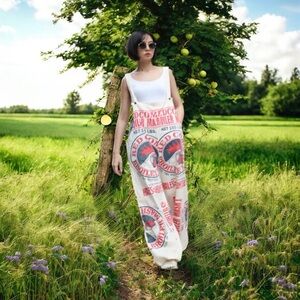 Vintage Sack NWT One SZ Red chickens w Black flour sacks‎ wide leg Overalls